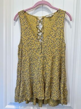 American Eagle Yellow Blue Ditsy Floral Front Hooks Lace-Up Back Sleeveless Top